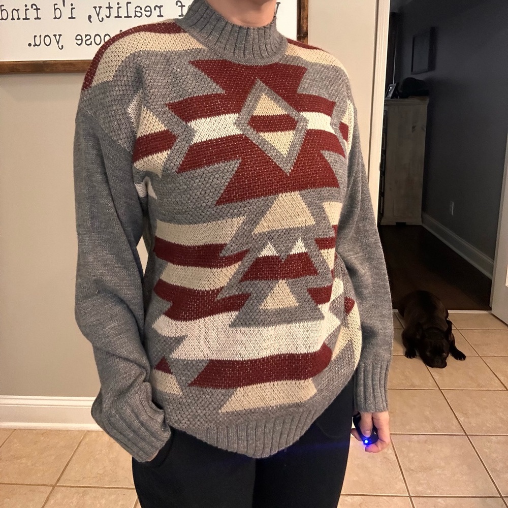 Grey Aztec sweater, thin but warm from Baltic born